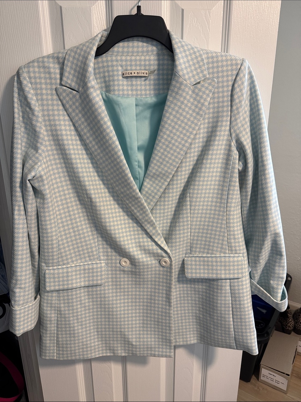 Alice + Olivia Pale Blue Houndstooth Double-Breasted Blazer